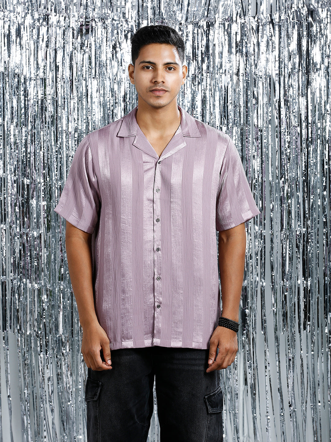 METALLIC MAUVE RELAXED STRIPED CUBAN COLLAR SHIRT