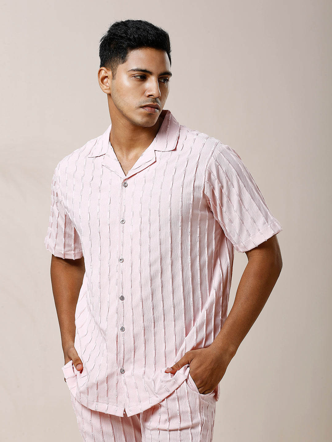 PINK STIRPED CO-ORD SET SHIRT WITH SHORT FOR MEN