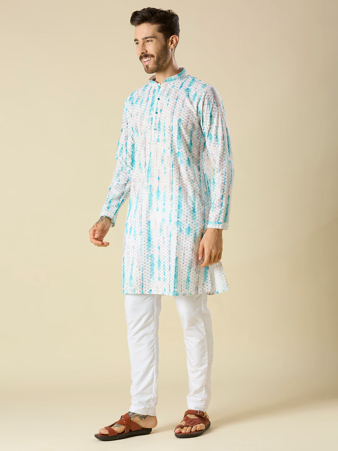 TURQUOISE BLUE SEQUENCE EMBROIDERY KURTA PYJAMA SET
