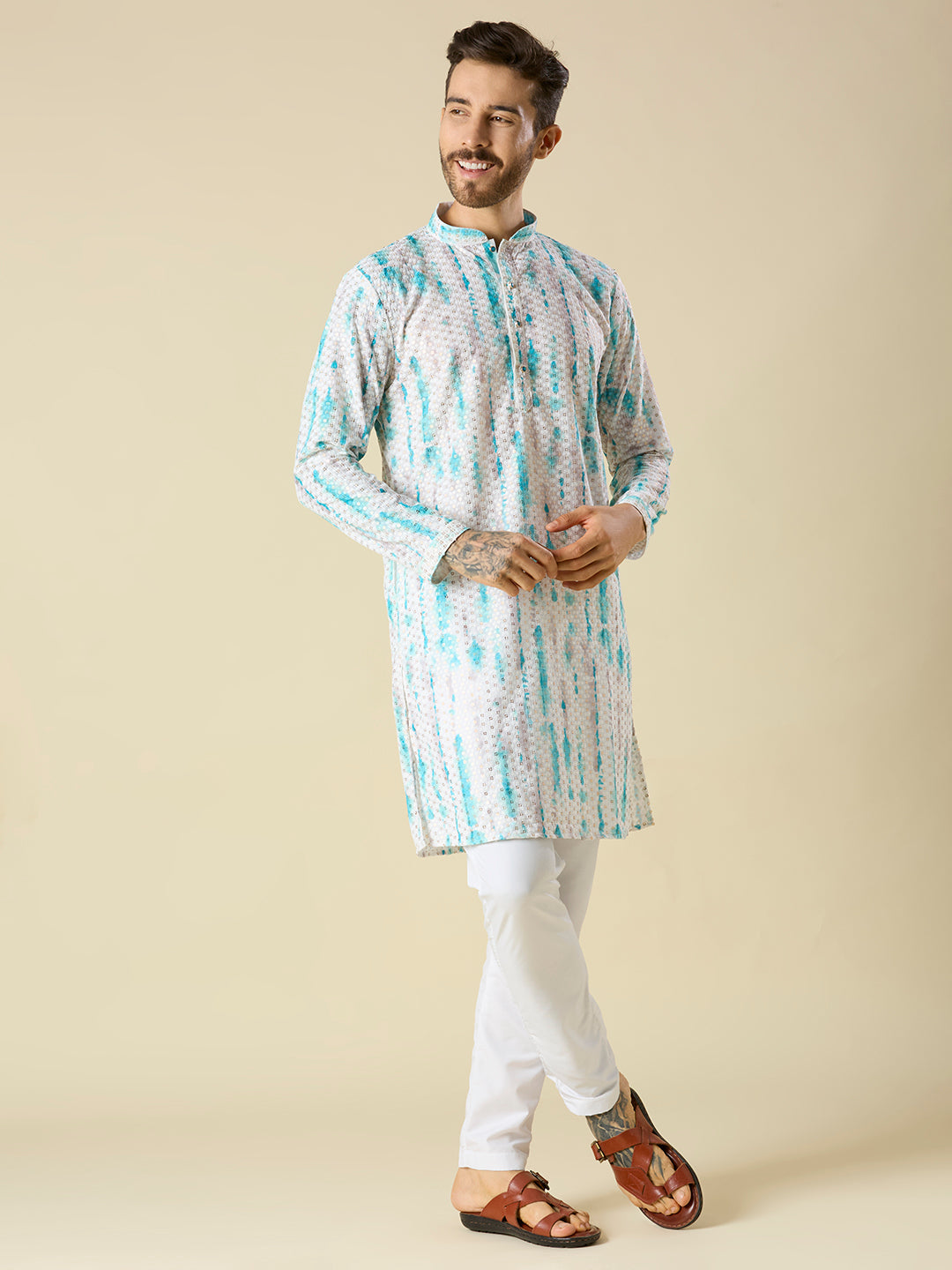 TURQUOISE BLUE SEQUENCE EMBROIDERY KURTA PYJAMA SET