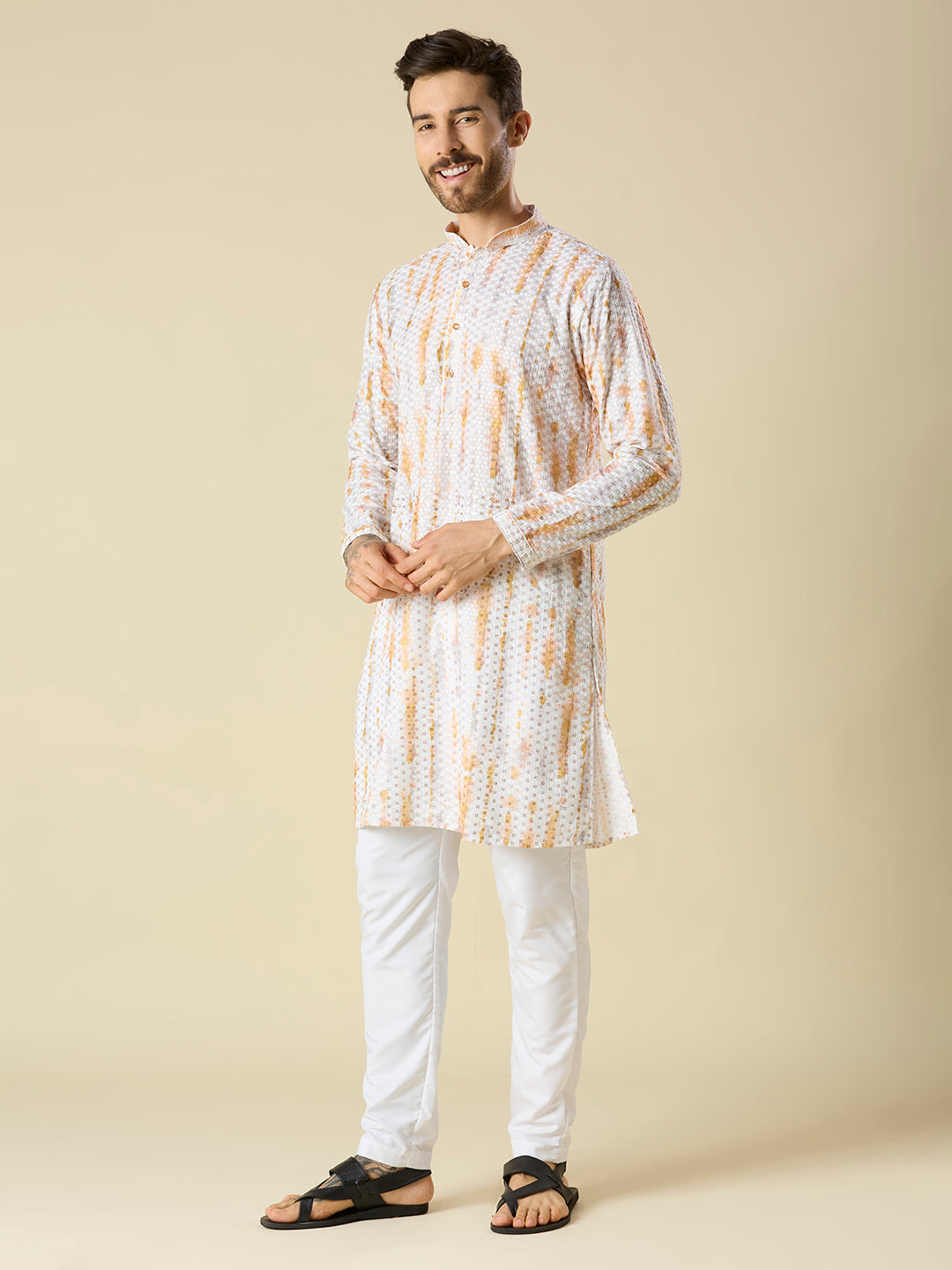 ORANGE YELLOW SEQUENCE EMBROIDERY KURTA PYJAMA SET