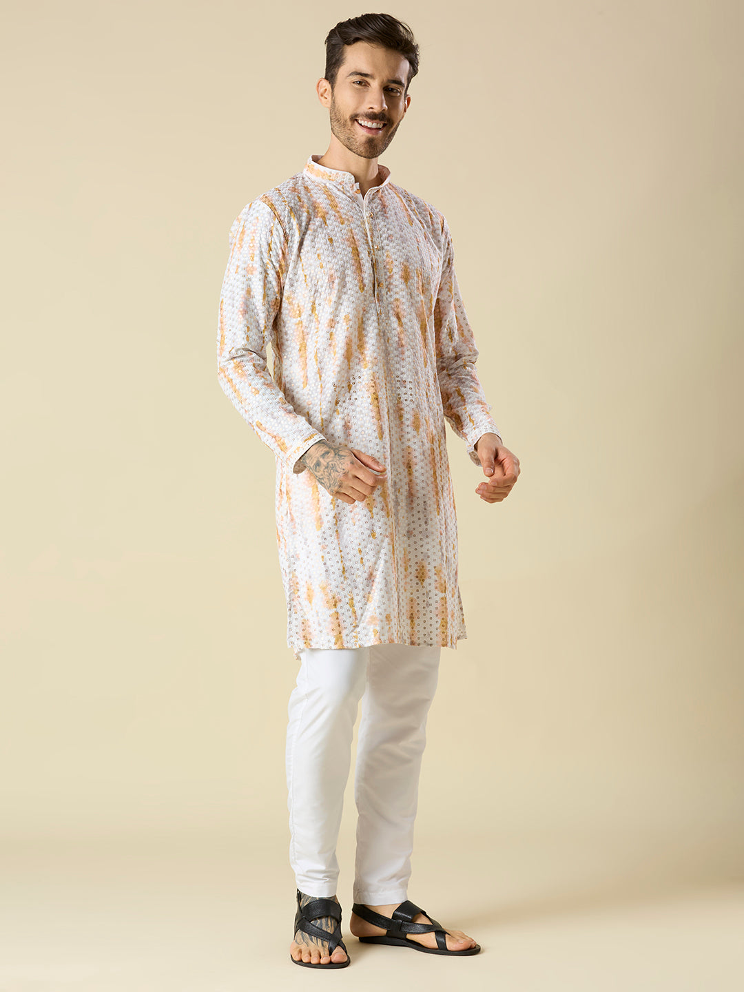 ORANGE YELLOW SEQUENCE EMBROIDERY KURTA PYJAMA SET
