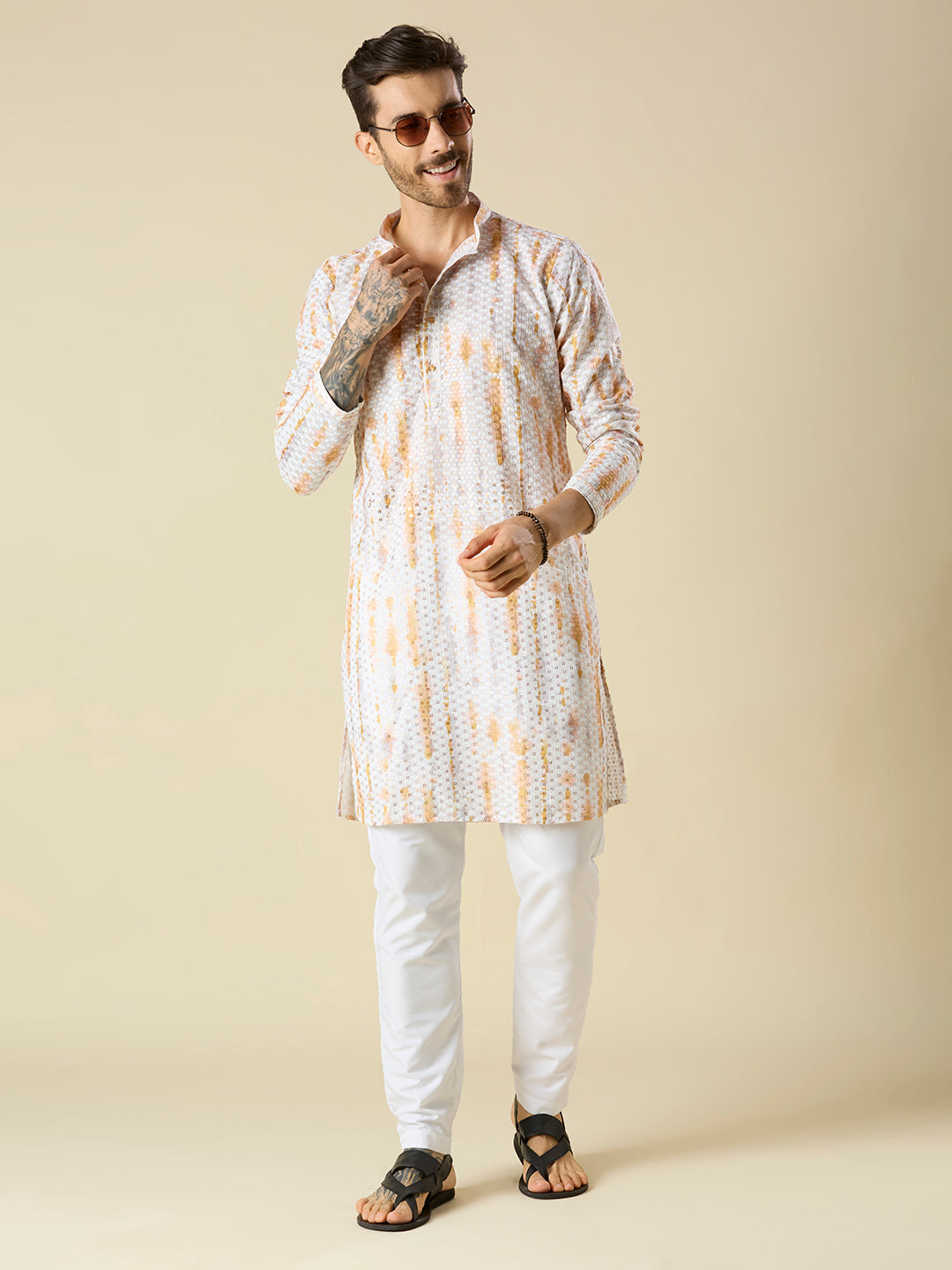 ORANGE YELLOW SEQUENCE EMBROIDERY KURTA PYJAMA SET