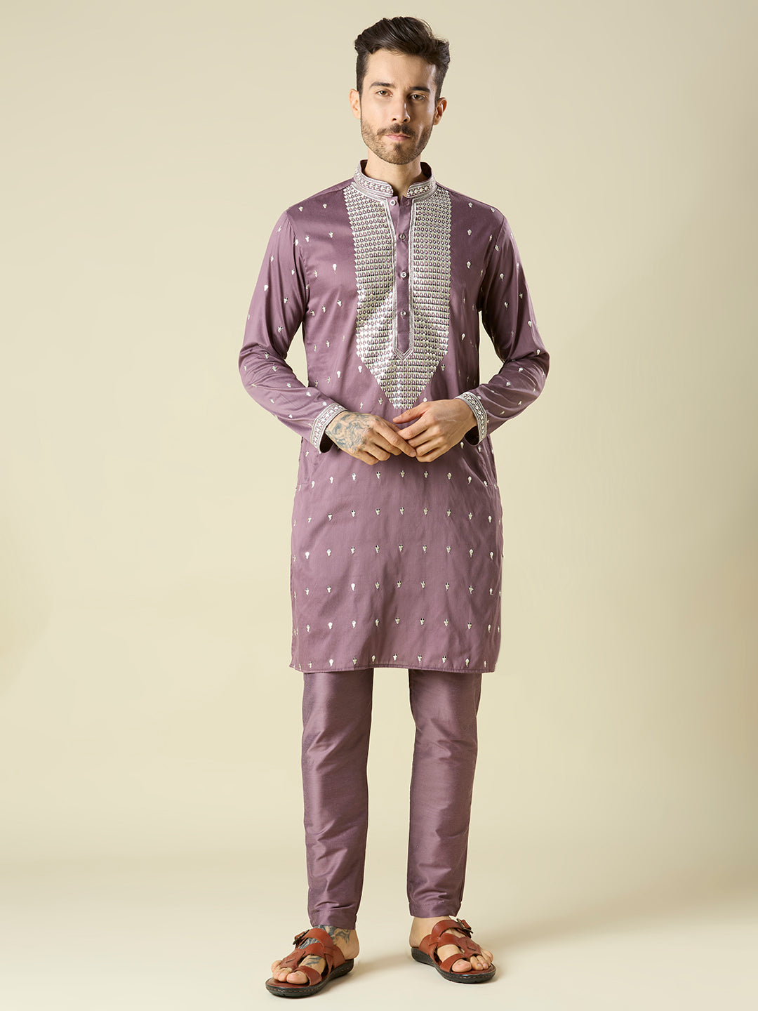 MAUVE KURTA PYJAMA SET WITH INTRICATE EMBROIDERY AROUND NECKLINE