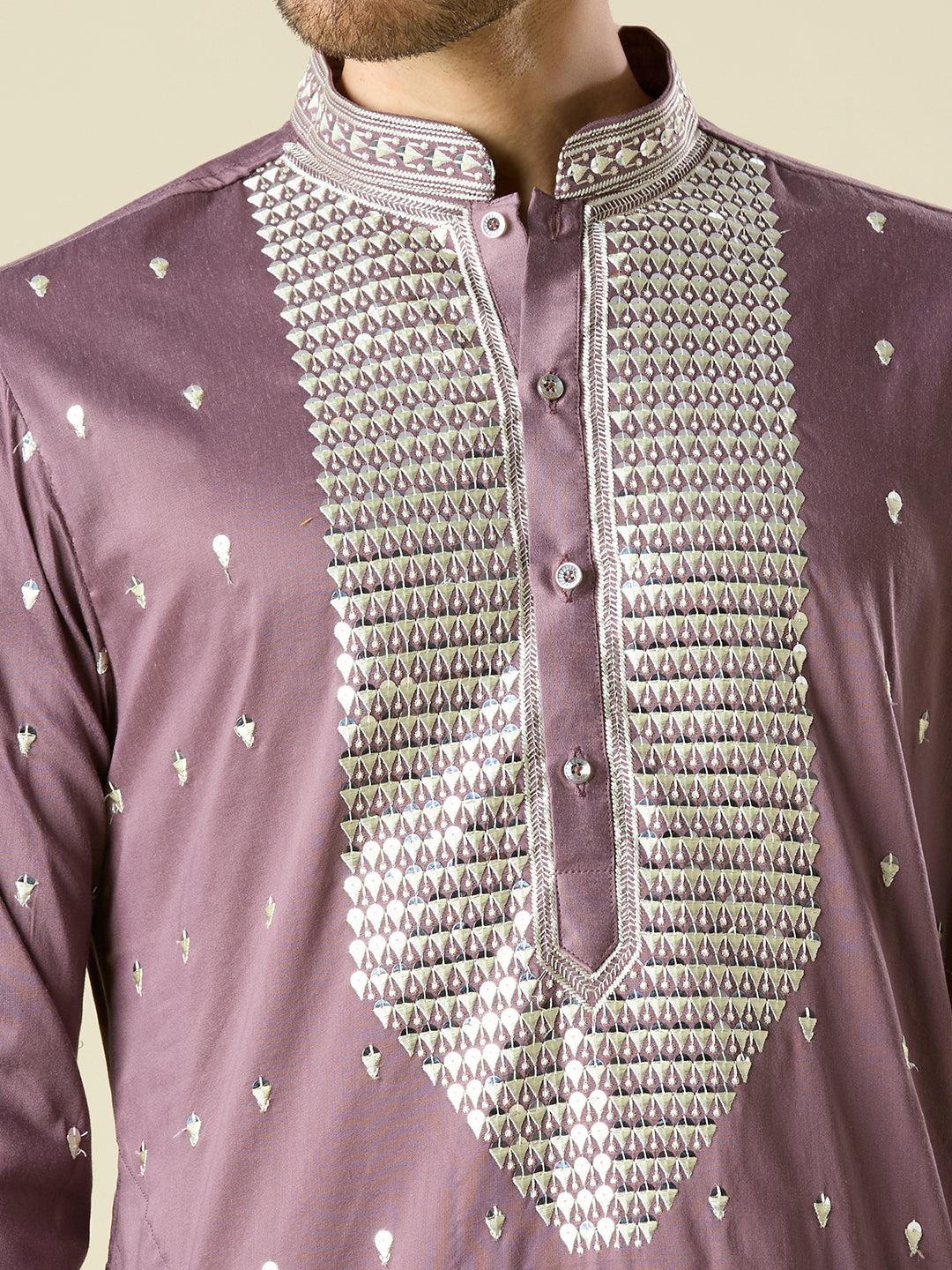 MAUVE KURTA PYJAMA SET WITH INTRICATE EMBROIDERY AROUND NECKLINE