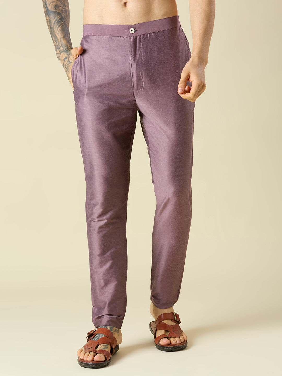 MAUVE KURTA PYJAMA SET WITH INTRICATE EMBROIDERY AROUND NECKLINE