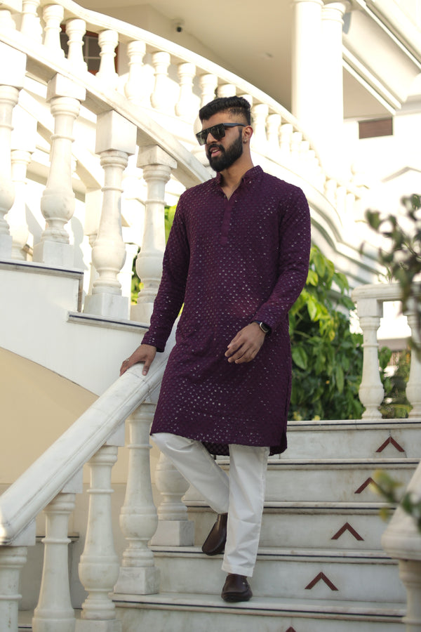DARK WINE SEQUIN EMBROIDERED KURTA PYJAMA SET