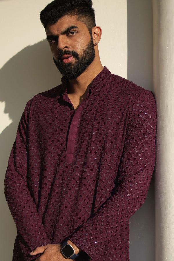 DARK WINE SEQUIN EMBROIDERED KURTA PYJAMA SET