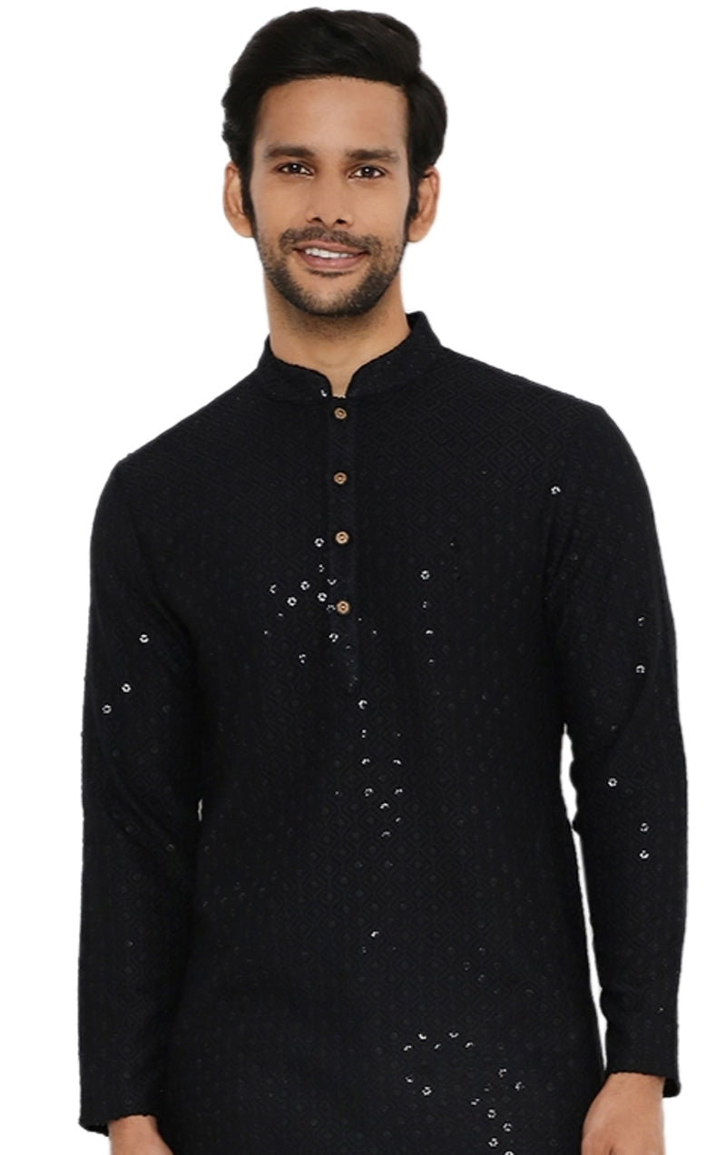 Men's Black embroidered designer kurta with sequins work close up