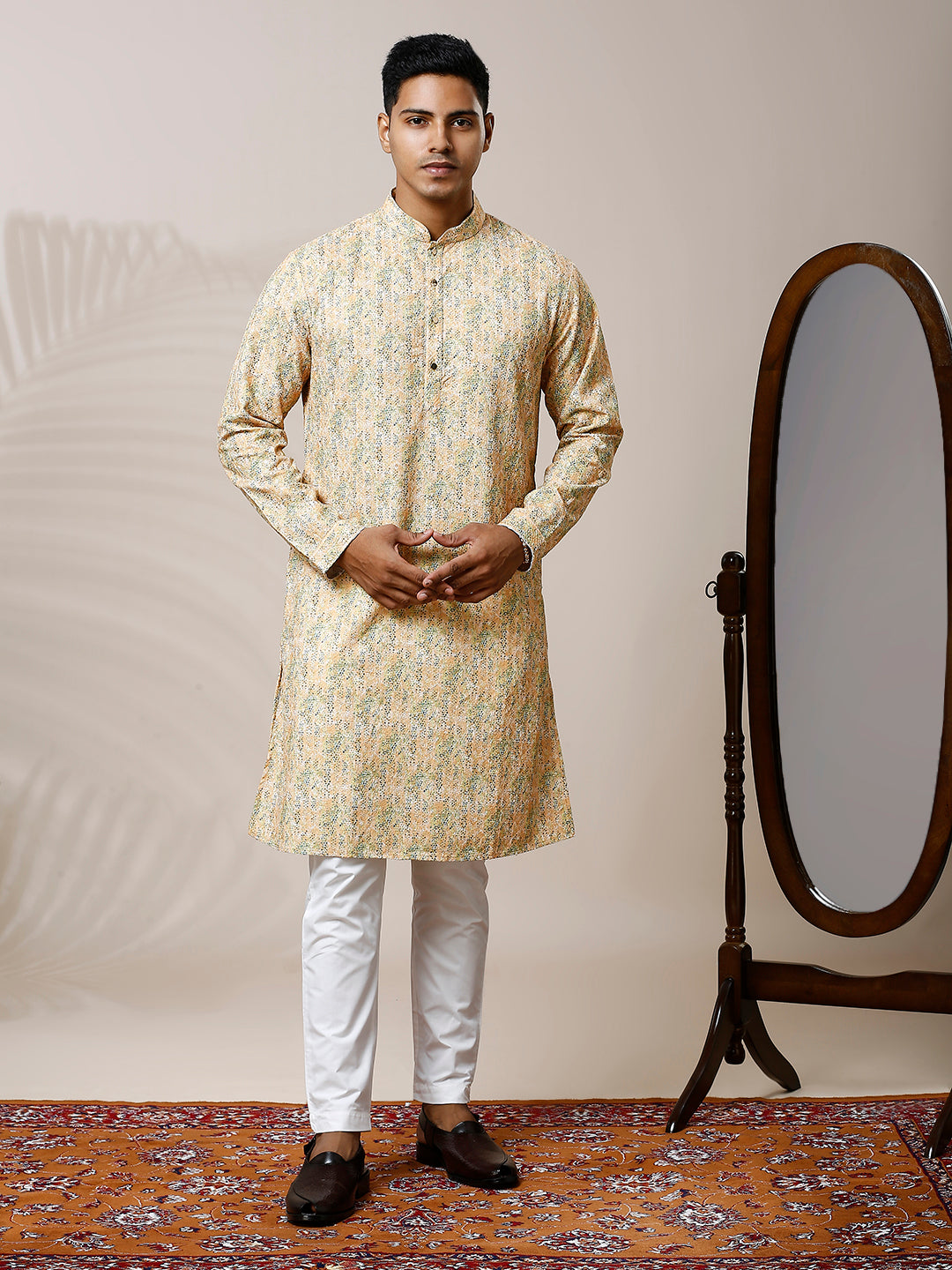 SUNSHINE YELLOW PRINTED KURTA PYJAMA SET WITH EMBROIDERY & WATER SEQUINS