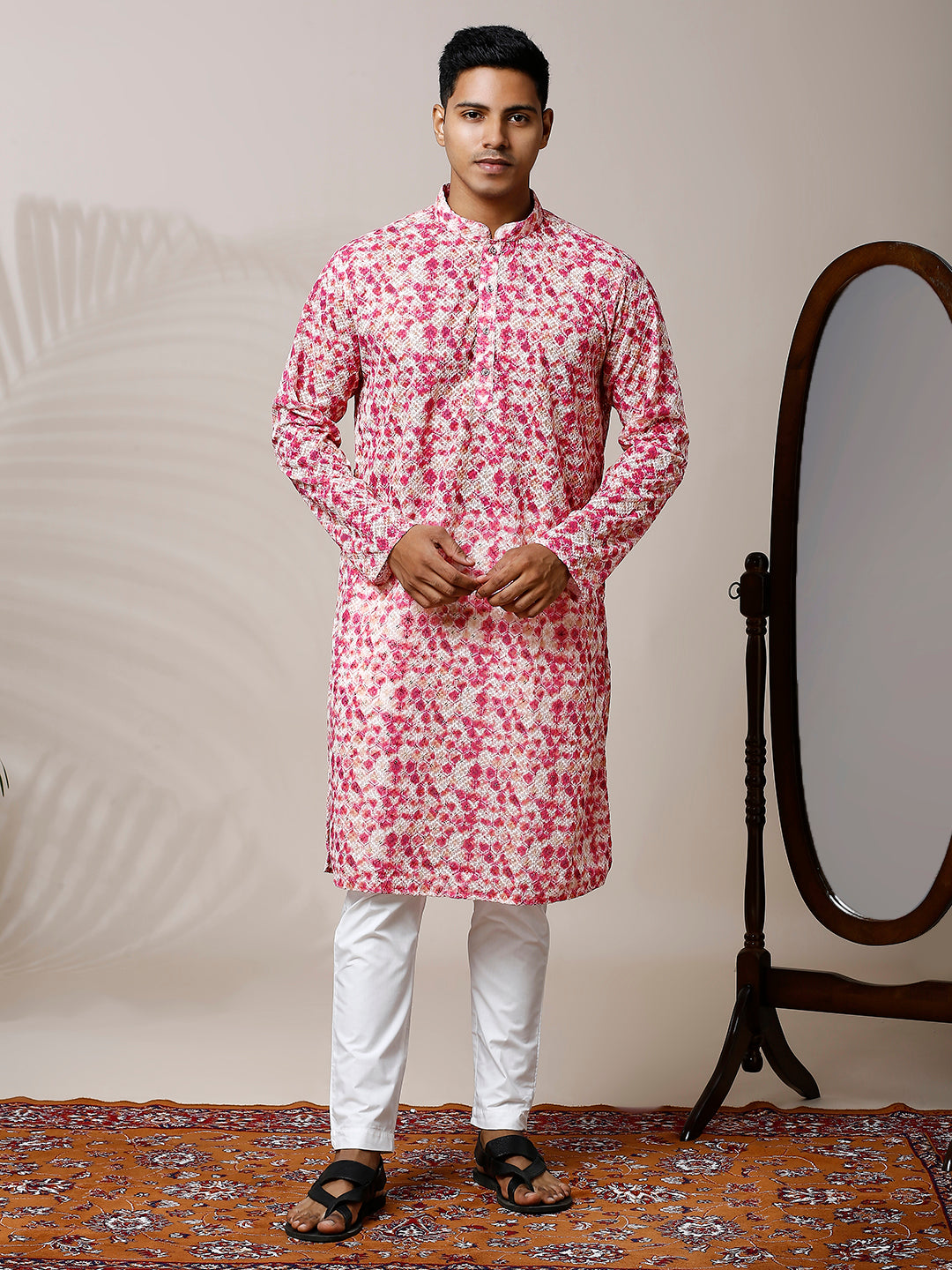 HUES OF PINK ABSTRACT PRINTED KURTA PYJAMA SET WITH EMBROIDERY & WATER SEQUIN