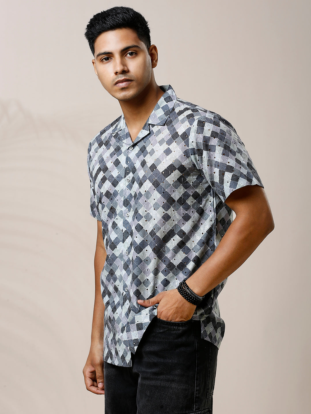 GREYISH BLACK PRINTED CASUAL CUBAN COLLAR SHIRT