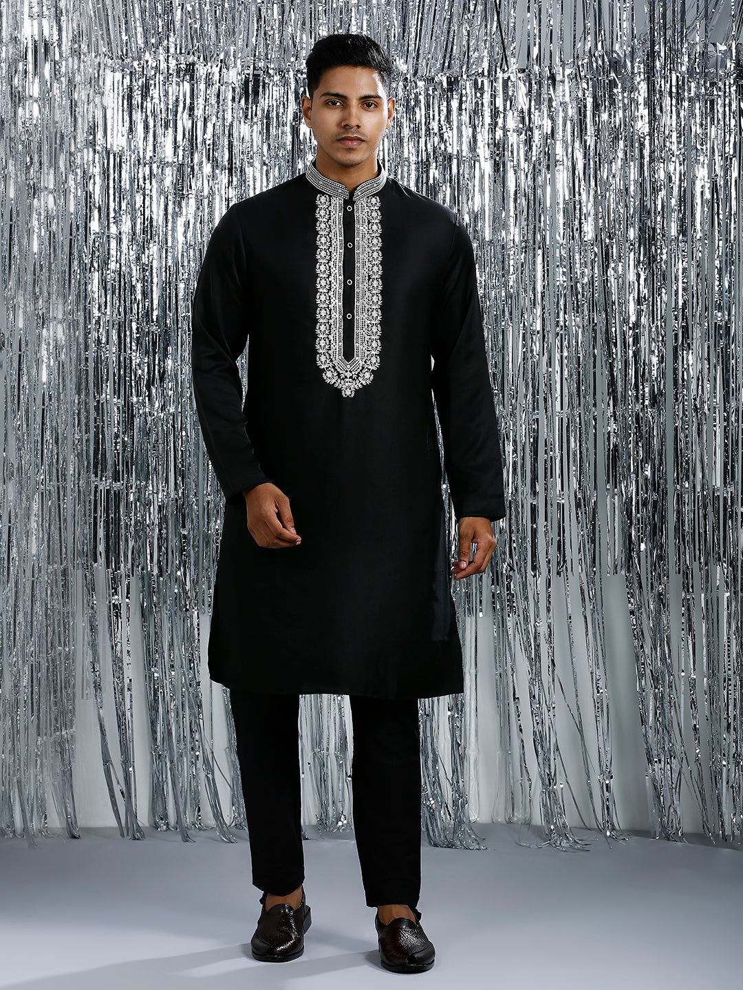 GLOSSY BLACK KURTA PYJAMA SET WITH CONTRAST EMBROIDERY AROUND NECKLINE