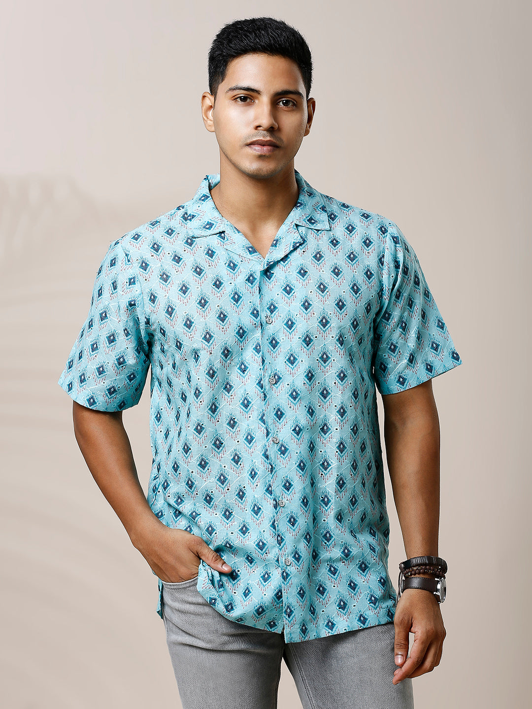 BLUE PRINTED CASUAL CUBAN COLLAR SHIRT
