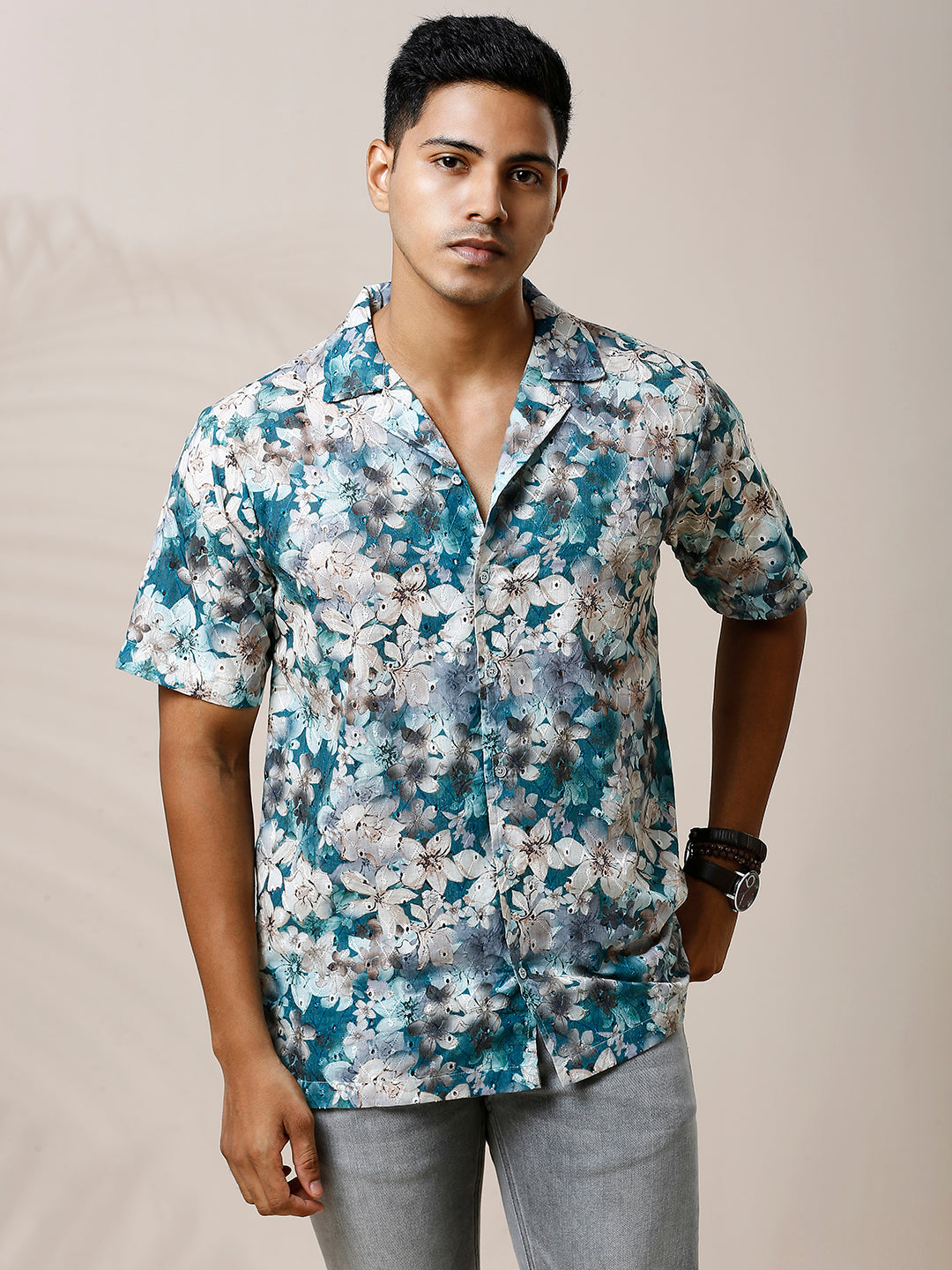 BLUE FLORAL PRINTED CASUAL CUBAN COLLAR SHIRT