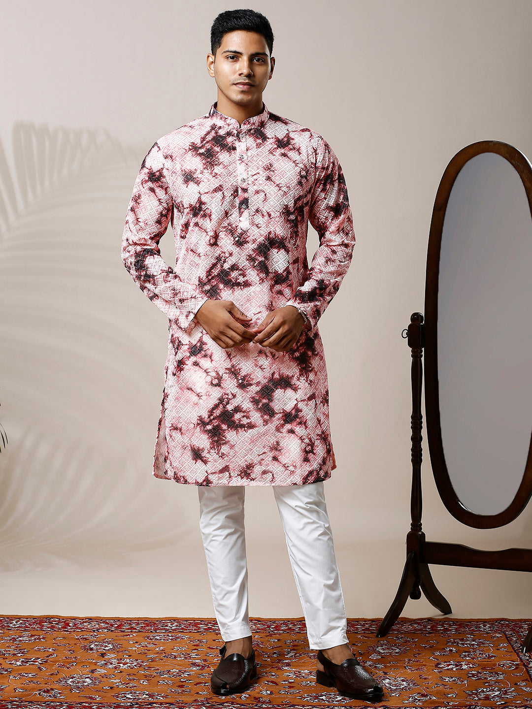 MEN RUMBA MAROON TIE & DYE SHIBORI PRINT KURTA PYJAMA SET WITH INTRICATE THREAD & SEQUIN EMBROIDERY