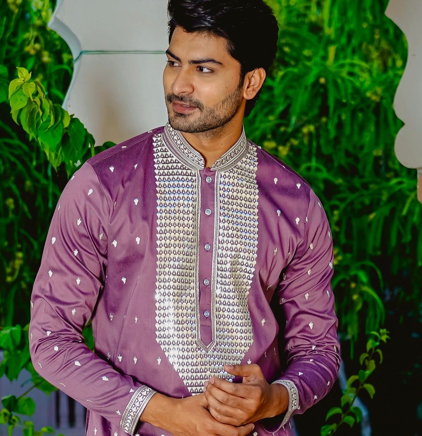 MEADOW MAUVE KURTA PYJAMA SET WITH ELABORATE EMBROIDERY AROUND PLACKET