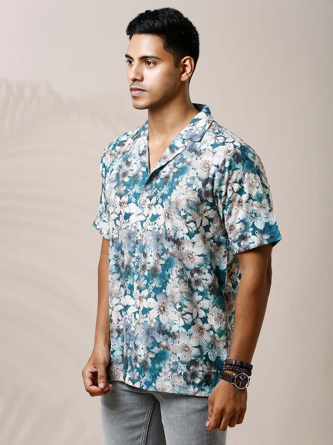BLUE FLORAL PRINTED CASUAL CUBAN COLLAR SHIRT