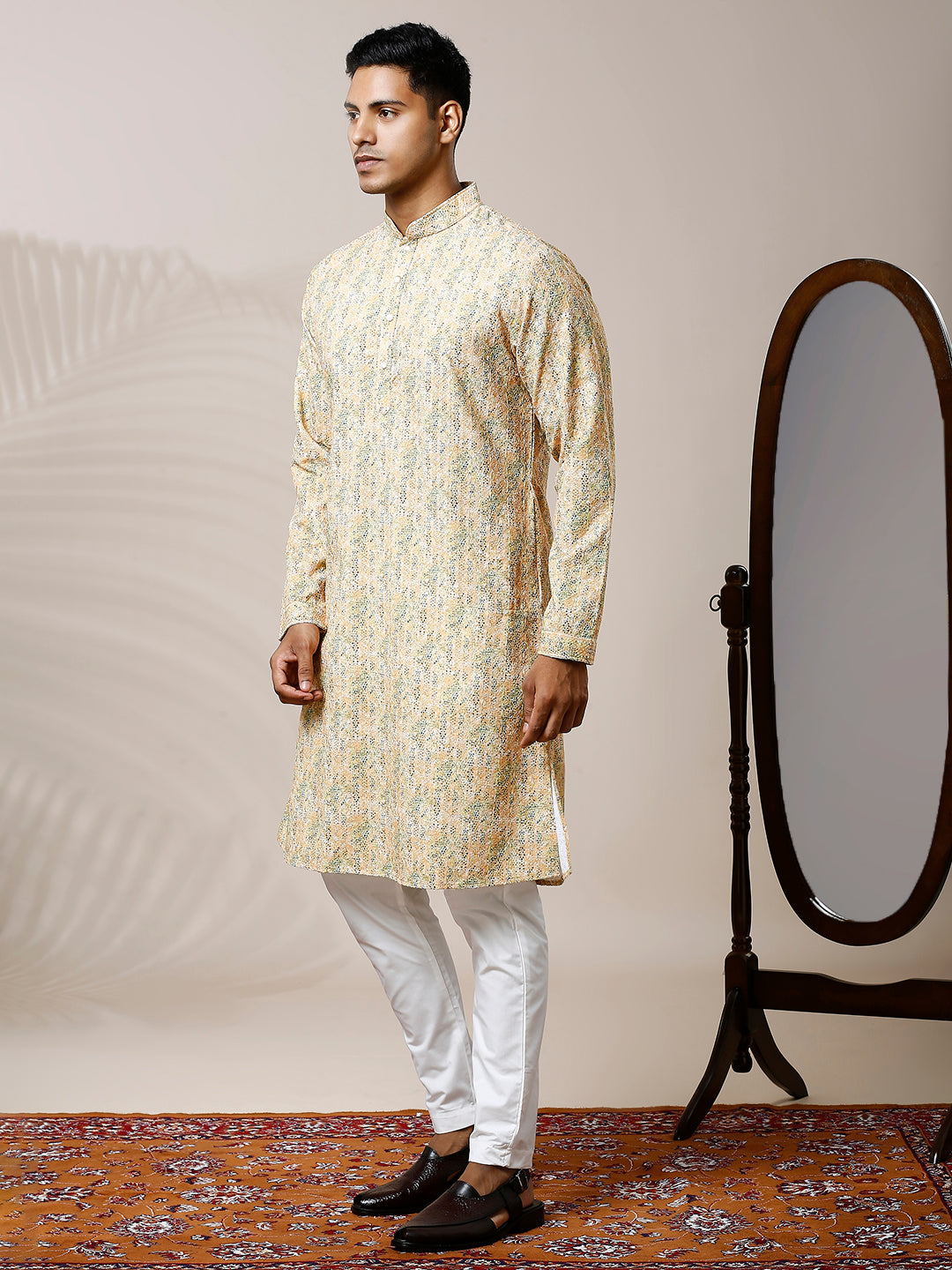 SUNSHINE YELLOW PRINTED KURTA PYJAMA SET WITH EMBROIDERY & WATER SEQUINS