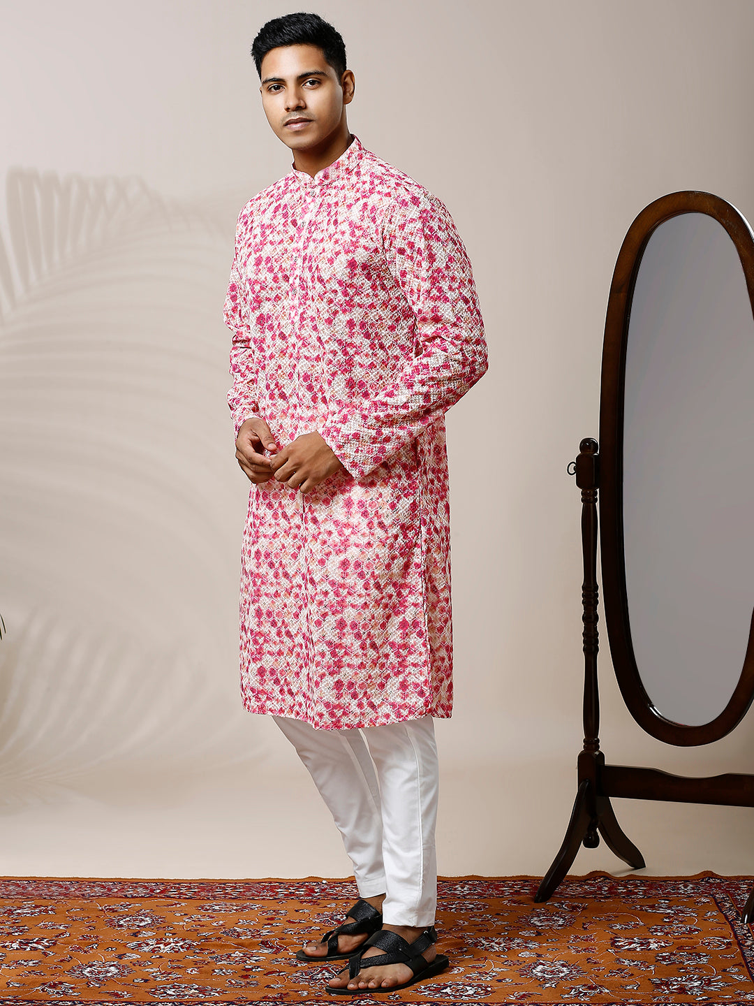 HUES OF PINK ABSTRACT PRINTED KURTA PYJAMA SET WITH EMBROIDERY & WATER SEQUIN