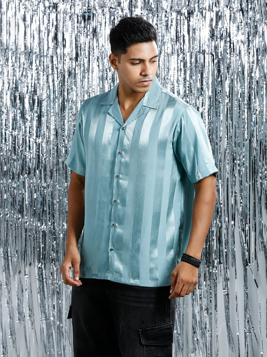 METALLIC SEAGREEN RELAXED STRIPED CUBAN COLLAR SHIRT