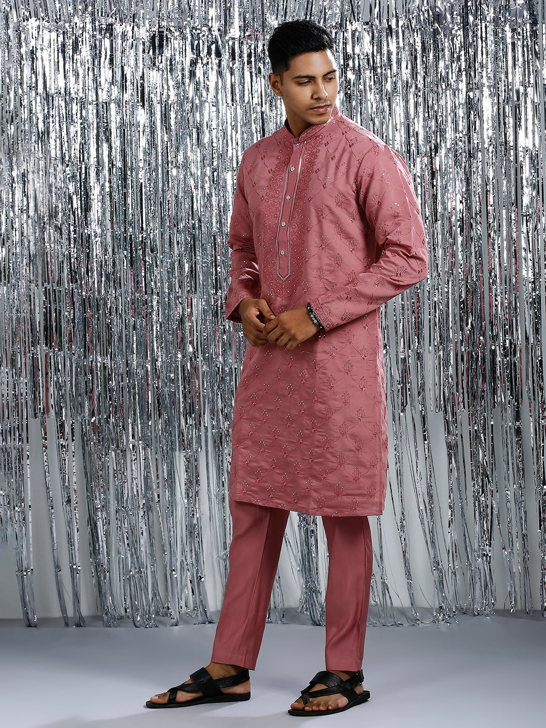 CHATEAU ROSE KURTA PYJAMA SET WITH INTRICATE EMBROIDERY WORK