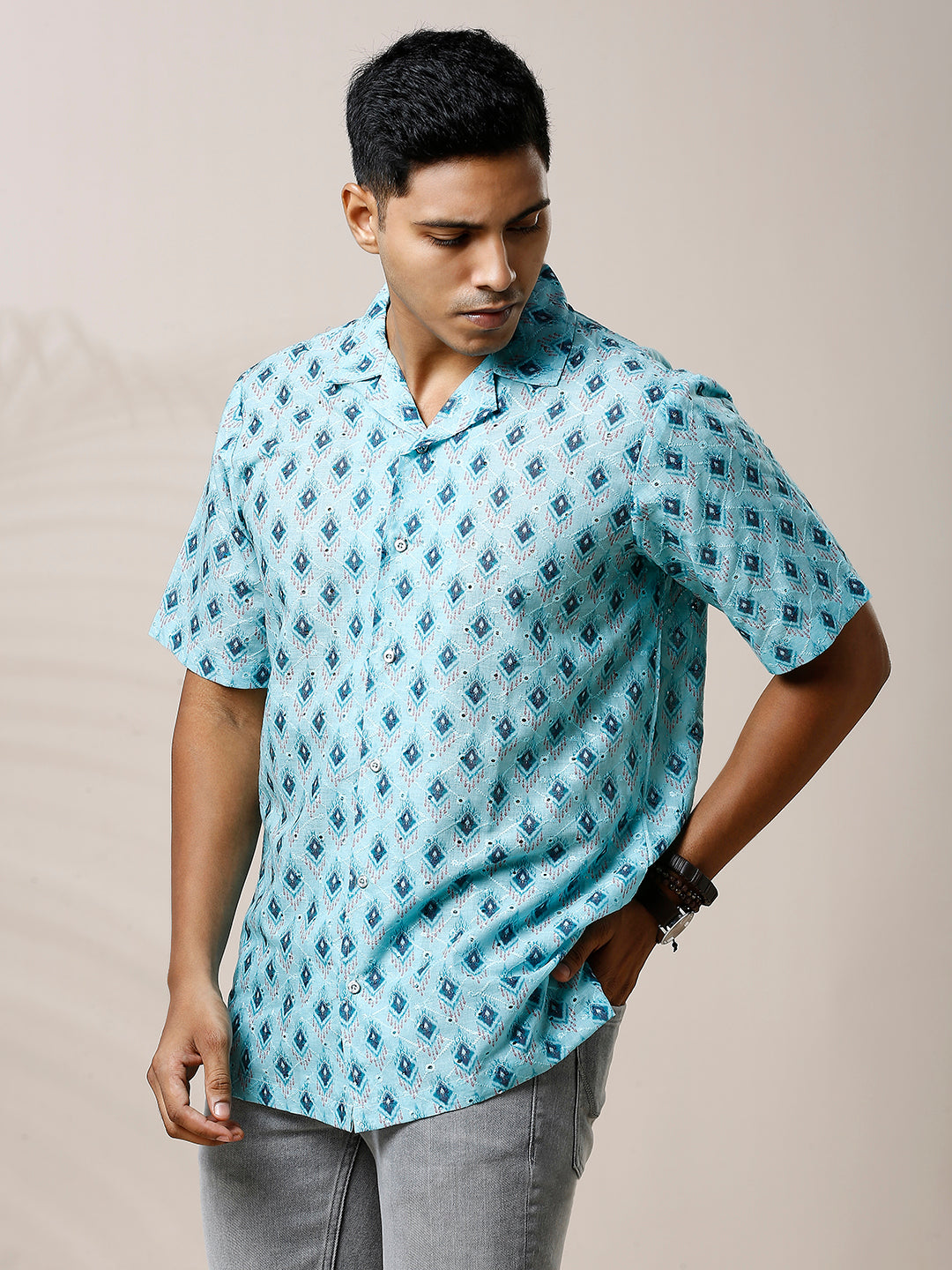 BLUE PRINTED CASUAL CUBAN COLLAR SHIRT