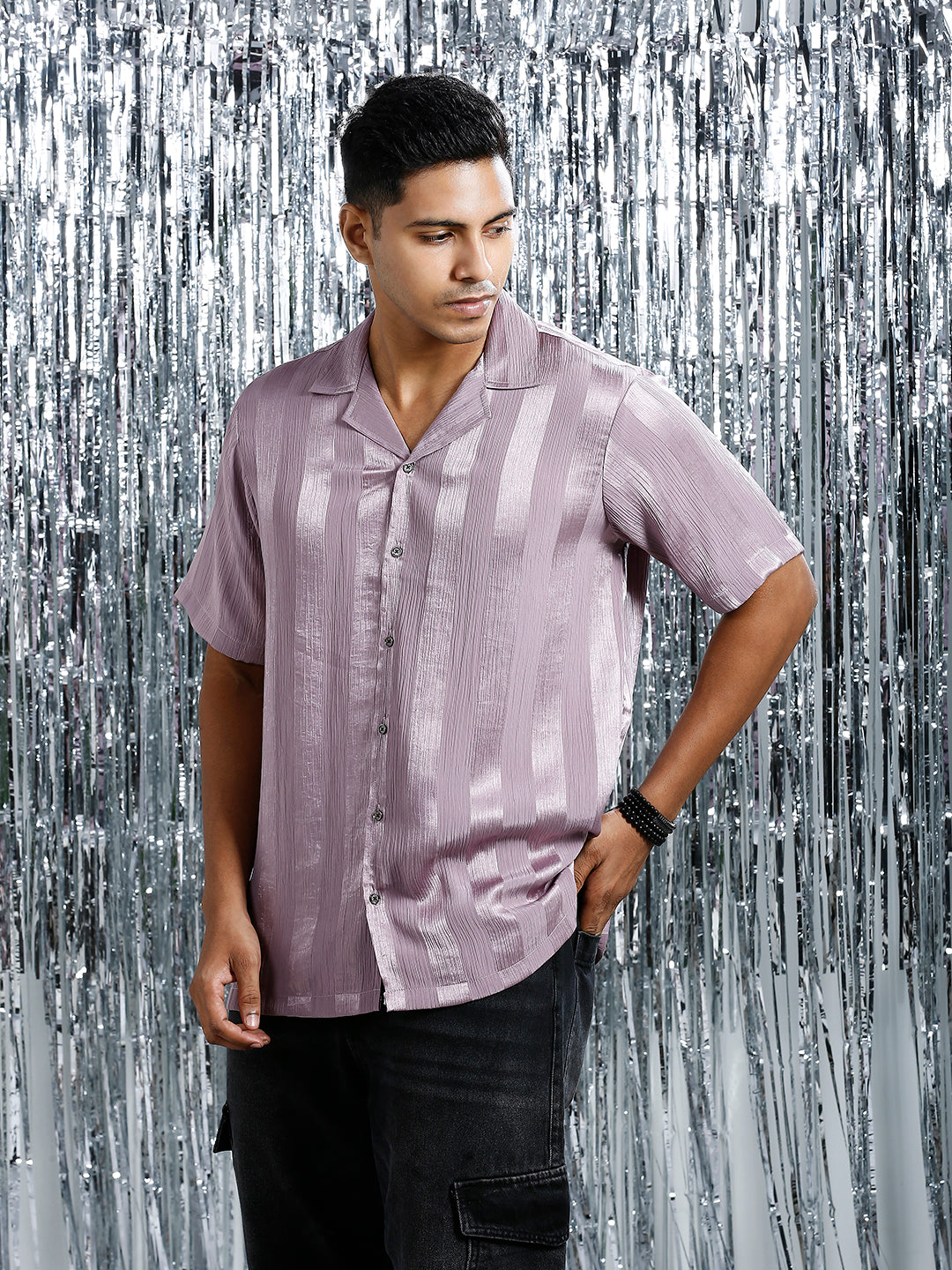 METALLIC MAUVE RELAXED STRIPED CUBAN COLLAR SHIRT