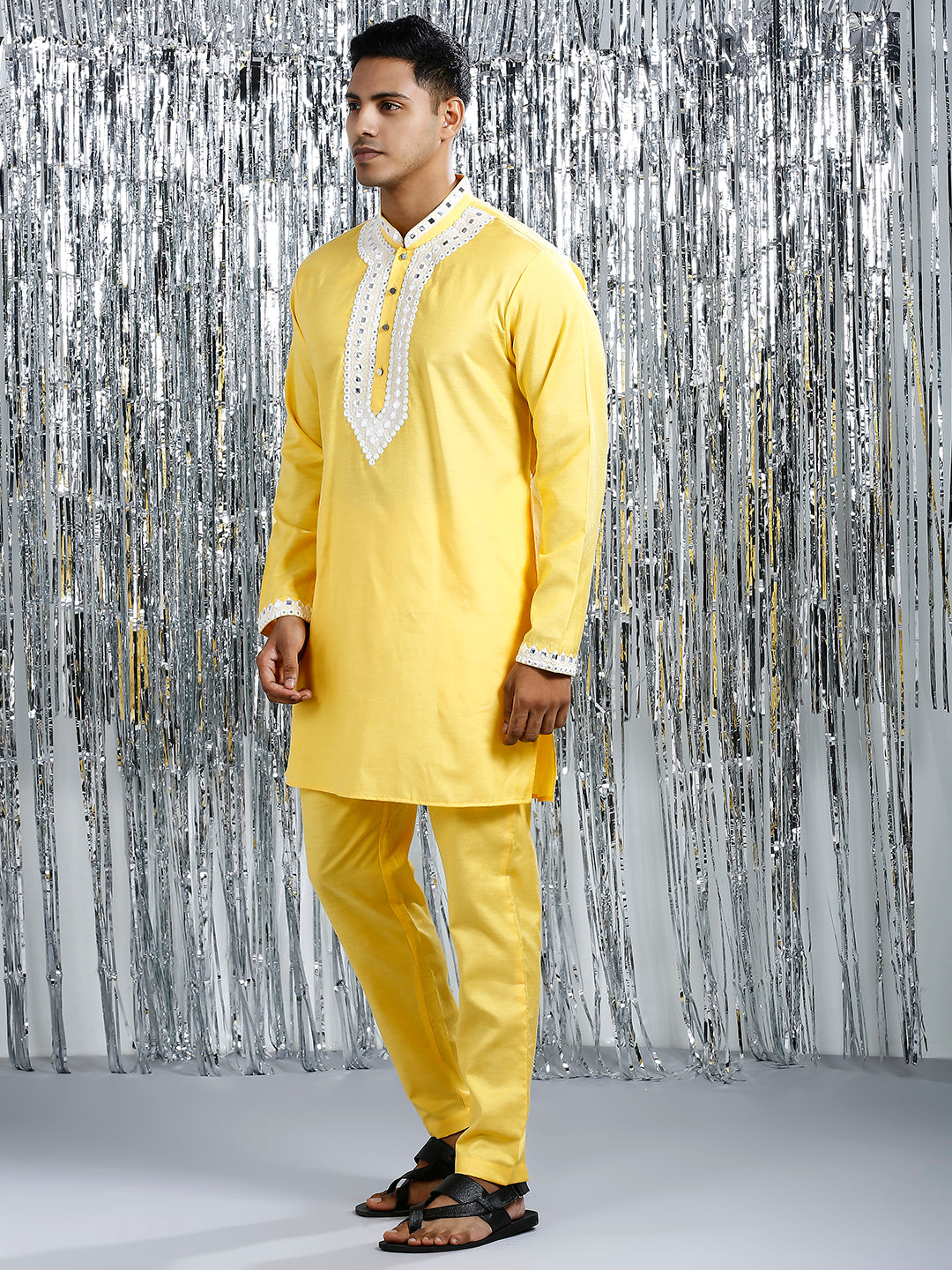 LEMON FIZZ MIRROR WORK MID-LENGTH KURTA PYJAMA SET