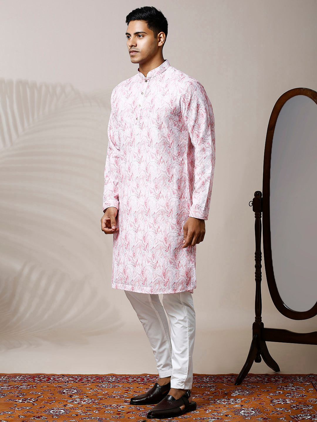MARBLE PINK PRINTED KURTA PYJAMA SET WITH EMBROIDERY & WATER SEQUIN