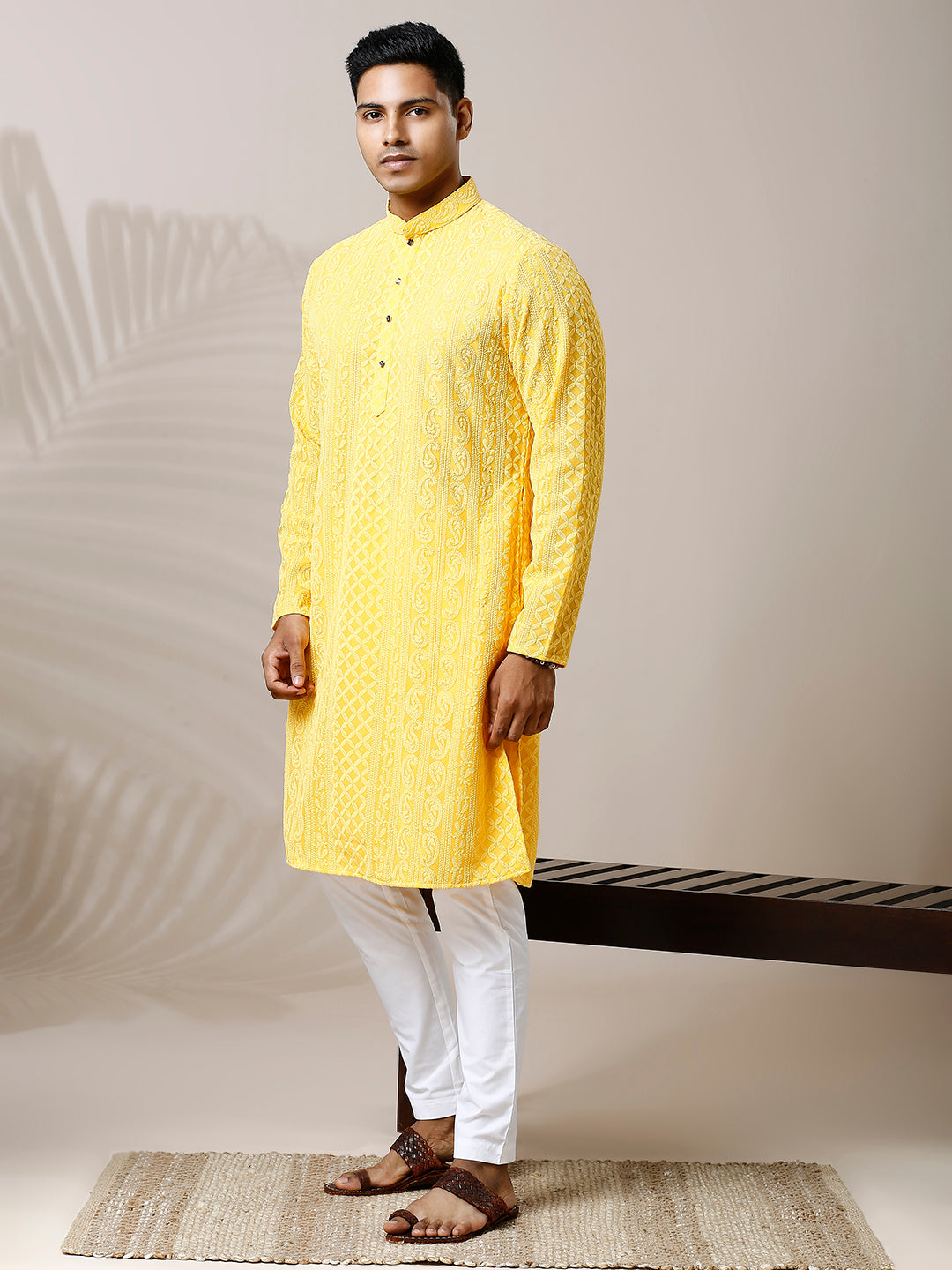 SUMMER YELLOW GEORGETTE PAISLEY DESIGN CHIKANKARI REGULAR FIT KURTA PYJAMA SET WITH LINING
