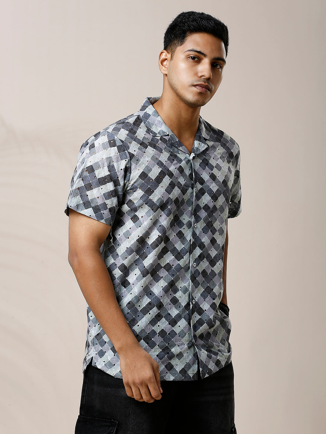 GREYISH BLACK PRINTED CASUAL CUBAN COLLAR SHIRT