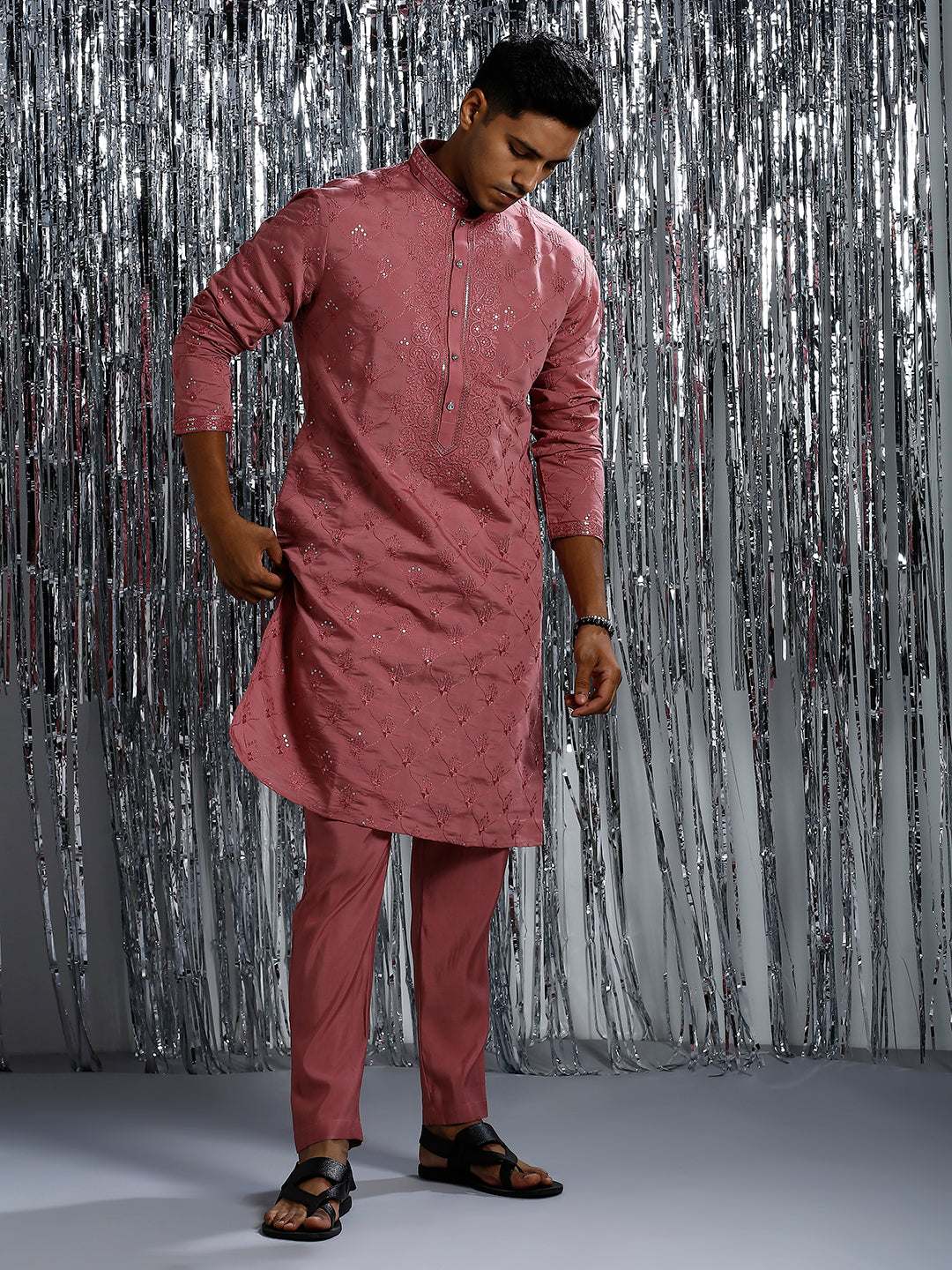 CHATEAU ROSE KURTA PYJAMA SET WITH INTRICATE EMBROIDERY WORK