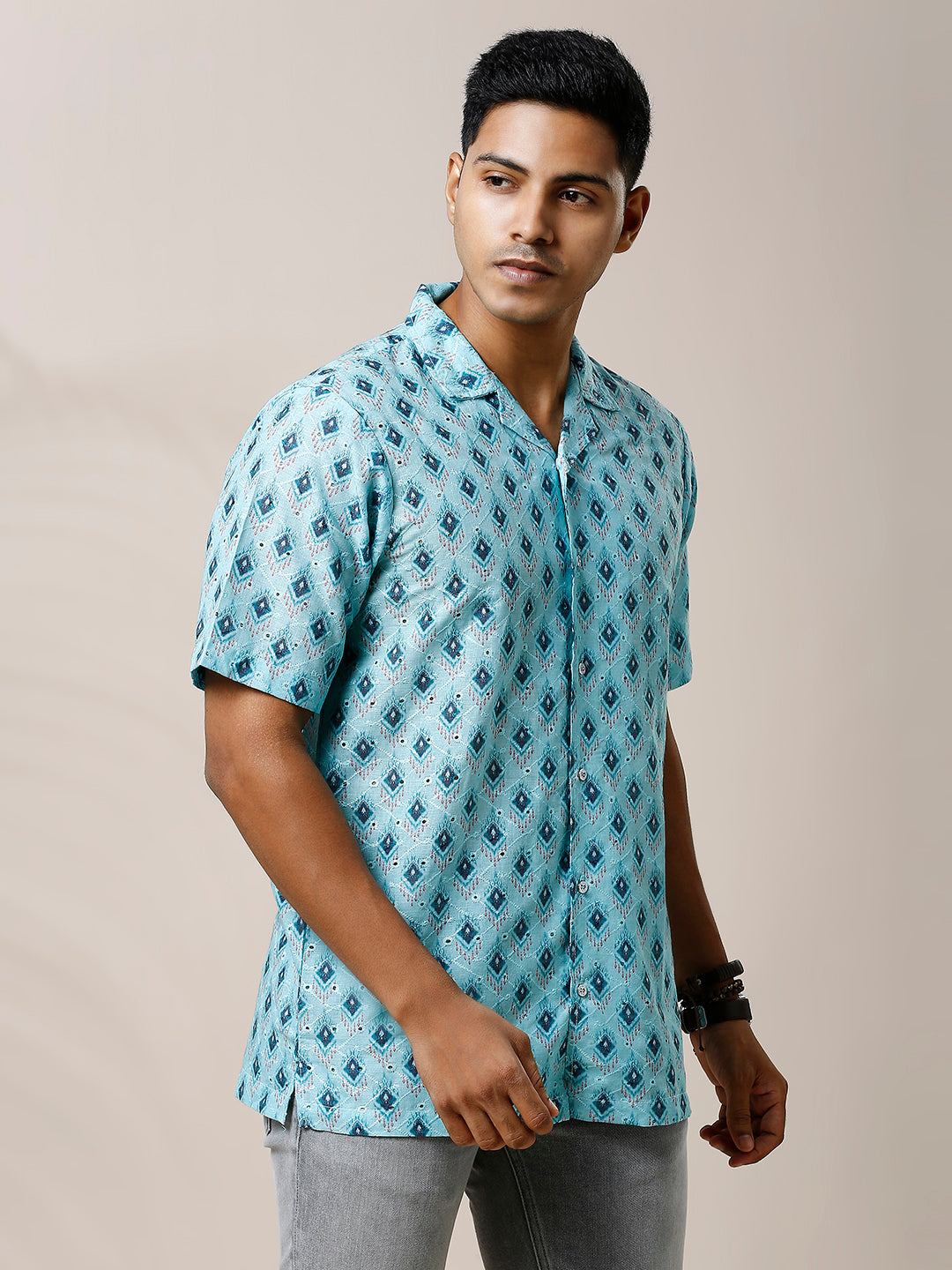 BLUE PRINTED CASUAL CUBAN COLLAR SHIRT