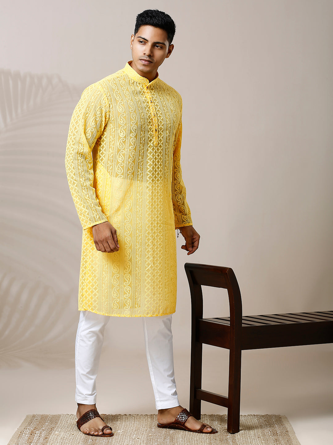SUMMER HALDI YELLOW CHIKANKARI LUCKNOWI LAKHNAVI KURTA PYJAMA SET PAISLEY DESIGN HEAVY EMBROIDERY COTTON GEORGETTE
