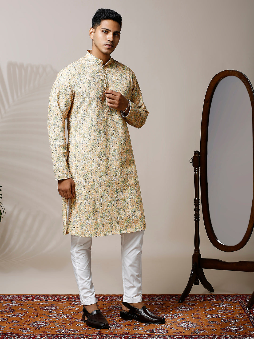 SUNSHINE YELLOW PRINTED KURTA PYJAMA SET WITH EMBROIDERY & WATER SEQUINS