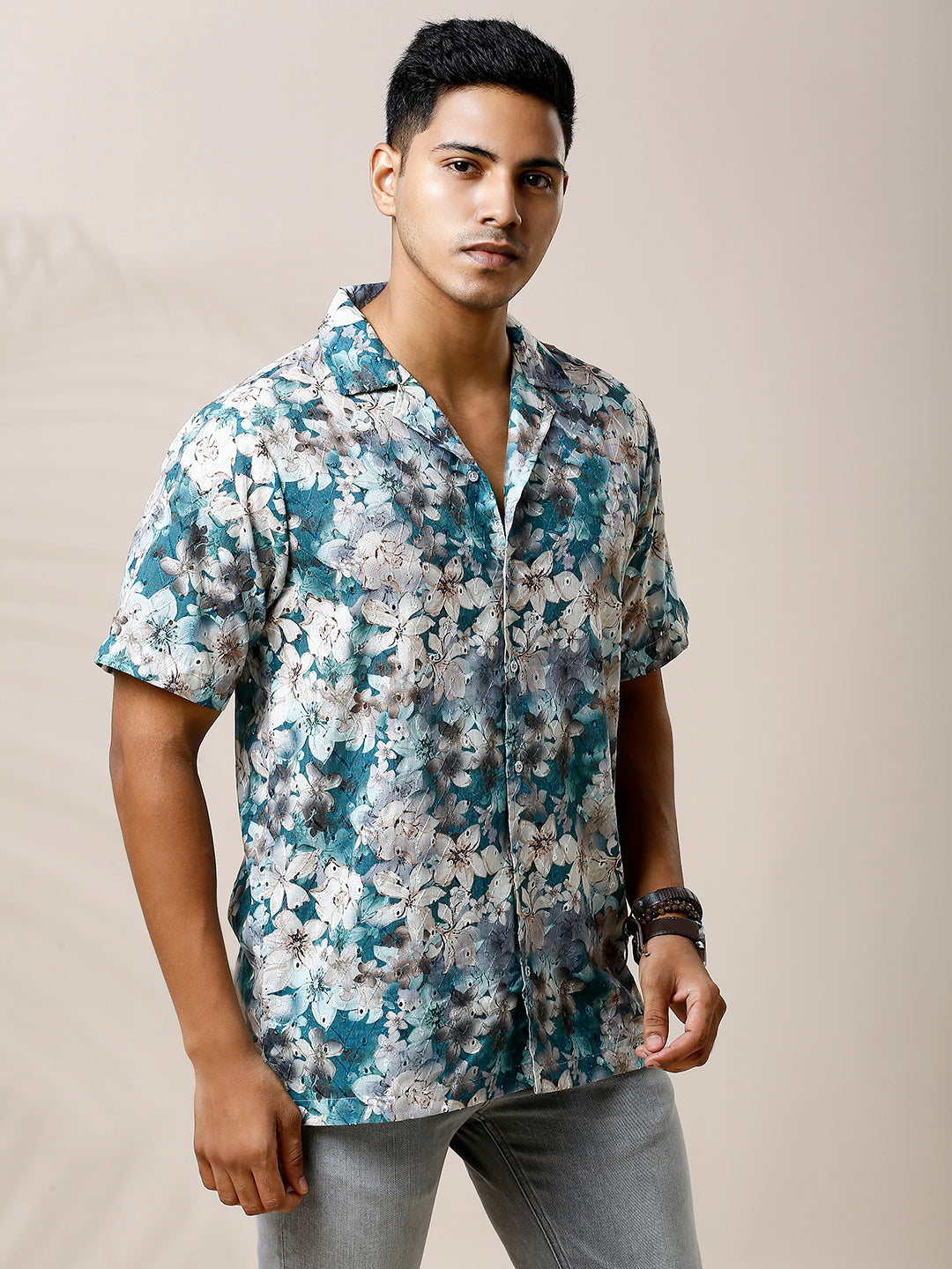BLUE FLORAL PRINTED CASUAL CUBAN COLLAR SHIRT