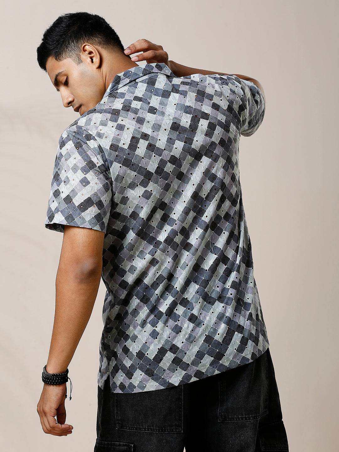 GREYISH BLACK PRINTED CASUAL CUBAN COLLAR SHIRT