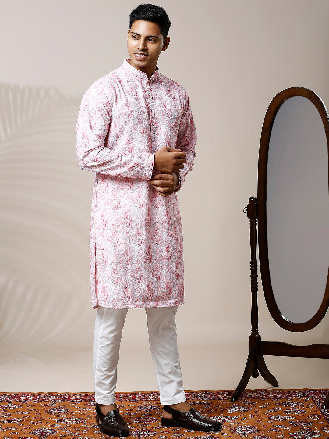 MARBLE PINK PRINTED KURTA PYJAMA SET WITH EMBROIDERY & WATER SEQUIN