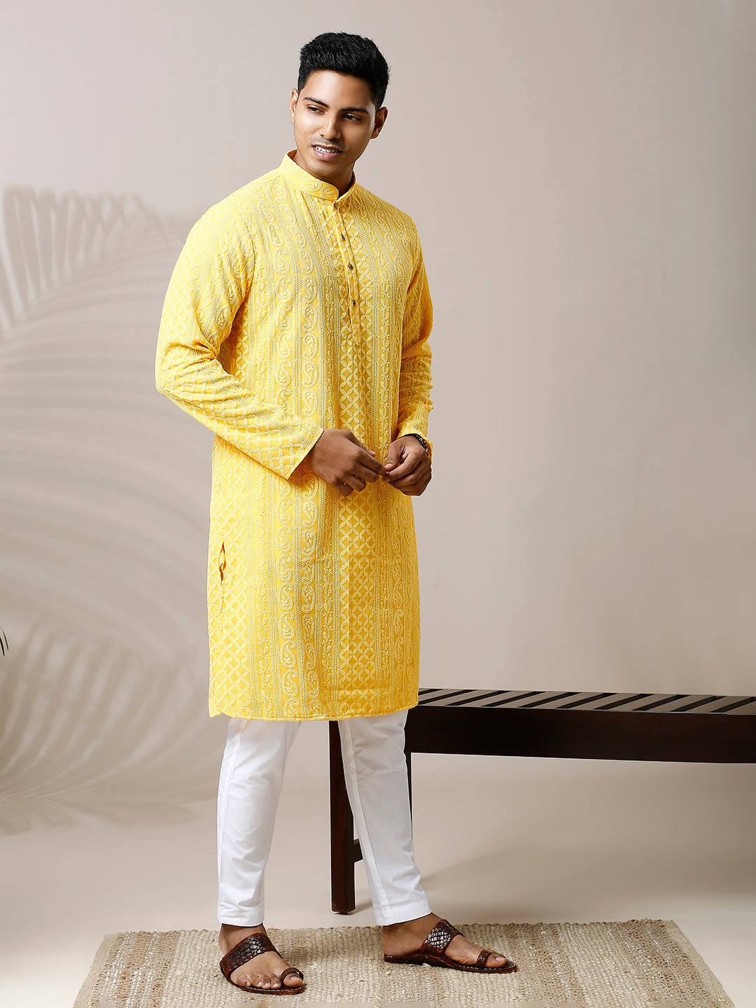 SUMMER YELLOW GEORGETTE PAISLEY DESIGN CHIKANKARI REGULAR FIT KURTA PYJAMA SET WITH LINING