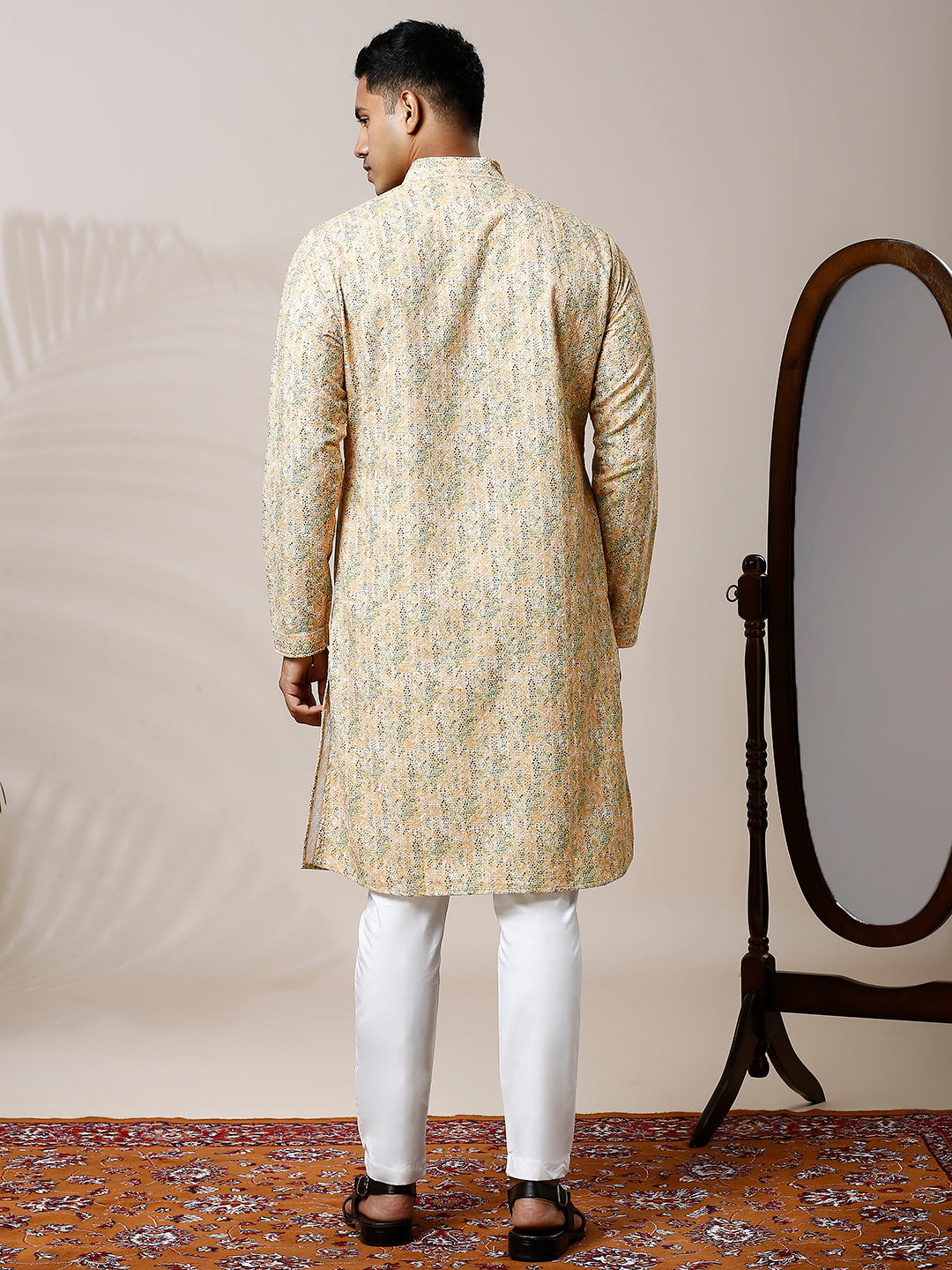 SUNSHINE YELLOW PRINTED KURTA PYJAMA SET WITH EMBROIDERY & WATER SEQUINS