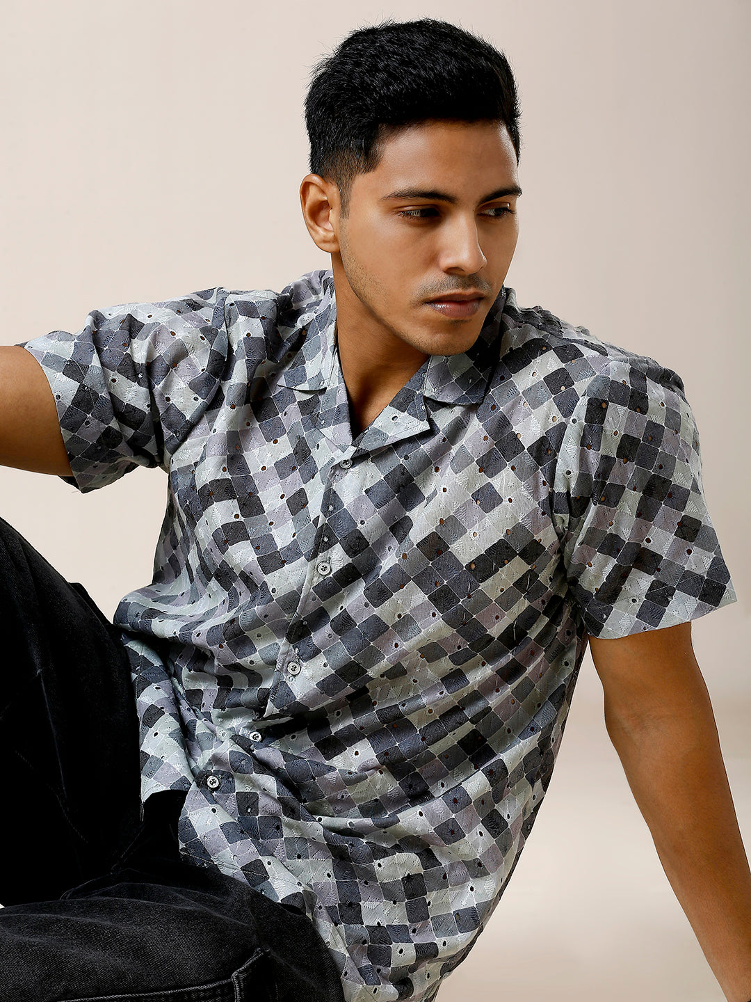 GREYISH BLACK PRINTED CASUAL CUBAN COLLAR SHIRT