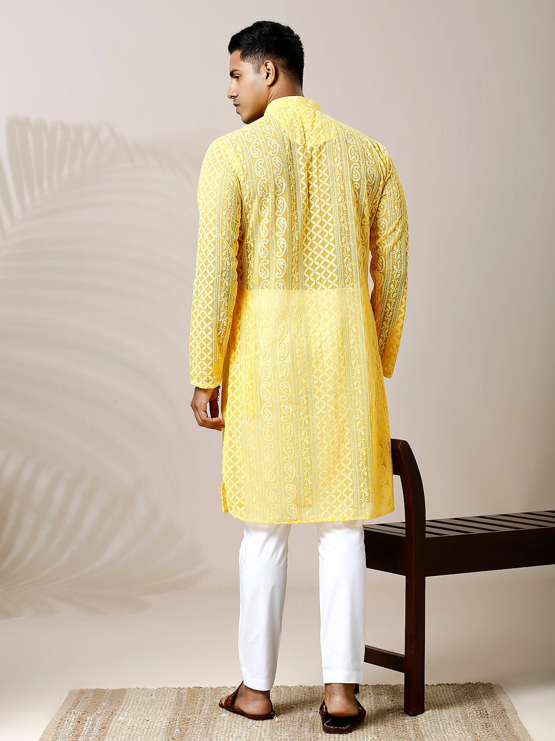 SUMMER HALDI YELLOW CHIKANKARI LUCKNOWI LAKHNAVI KURTA PYJAMA SET PAISLEY DESIGN HEAVY EMBROIDERY COTTON GEORGETTE