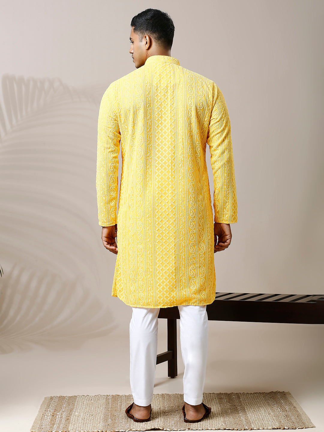 SUMMER YELLOW GEORGETTE PAISLEY DESIGN CHIKANKARI REGULAR FIT KURTA PYJAMA SET WITH LINING