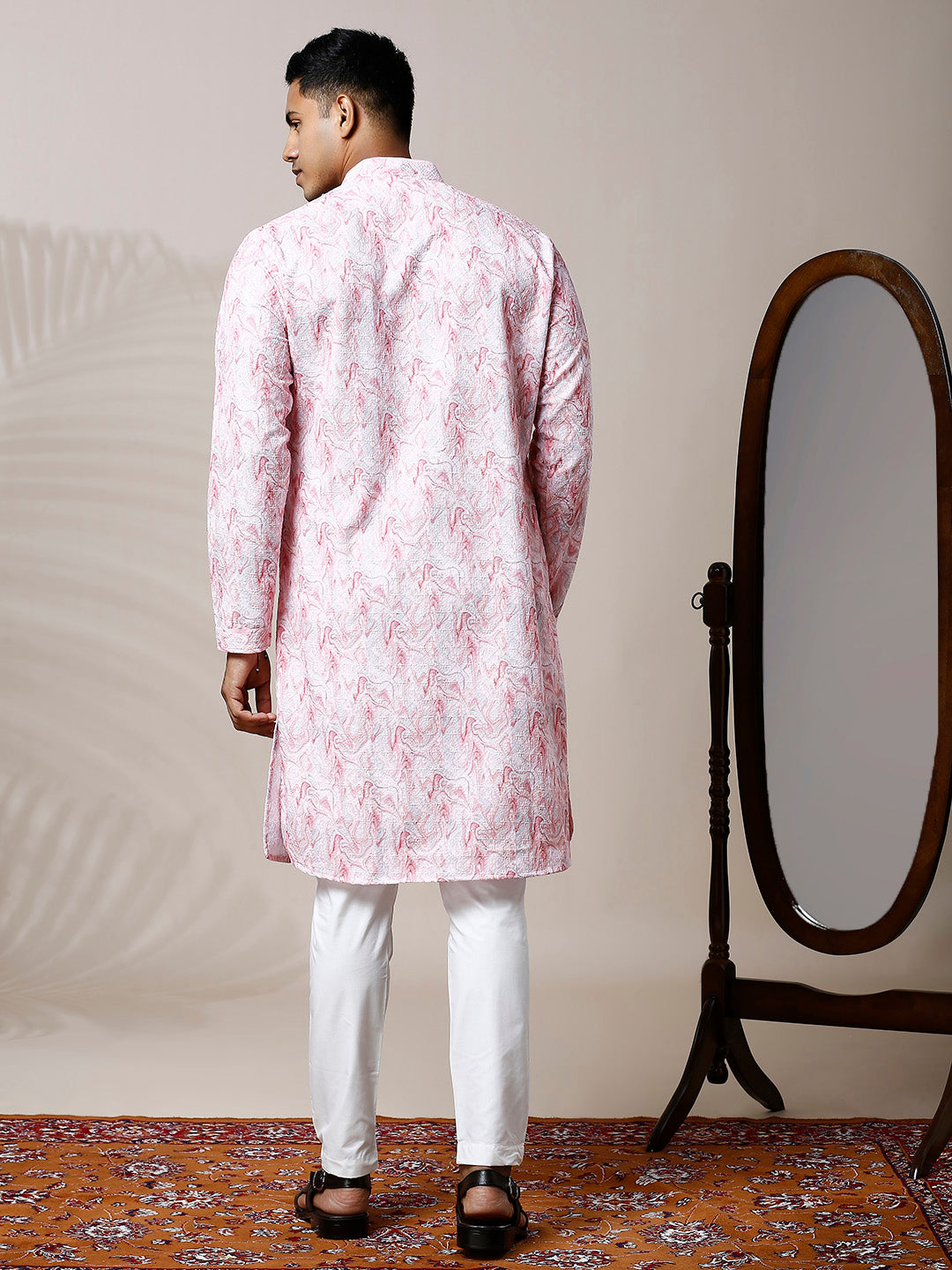MARBLE PINK PRINTED KURTA PYJAMA SET WITH EMBROIDERY & WATER SEQUIN
