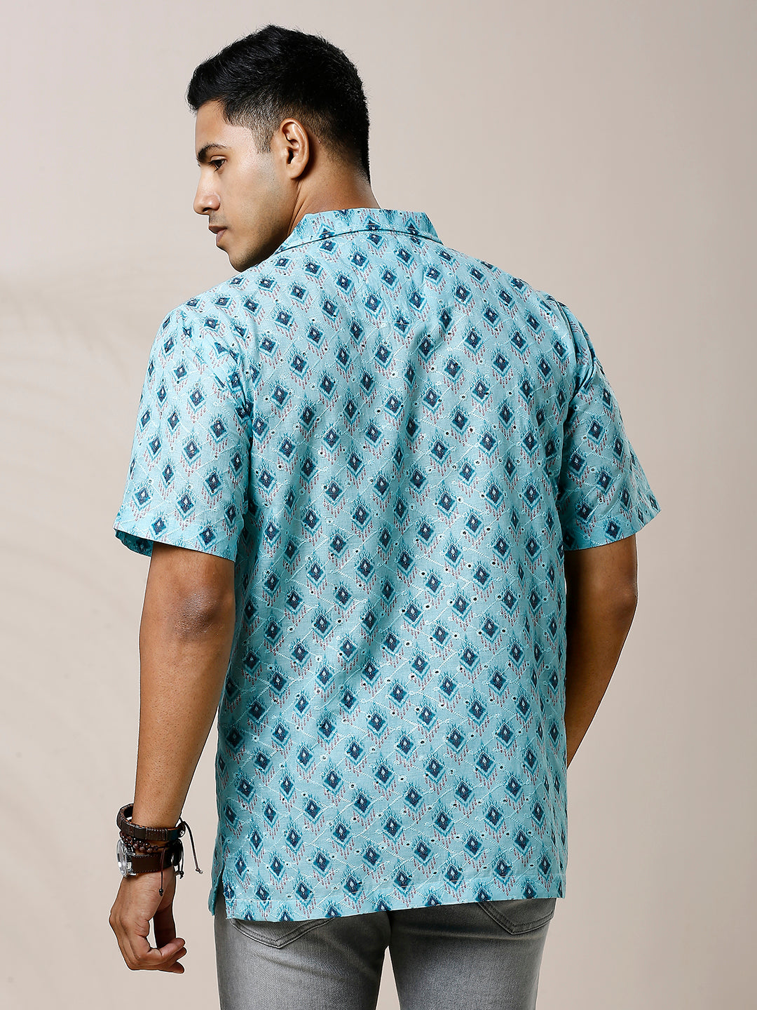 BLUE PRINTED CASUAL CUBAN COLLAR SHIRT