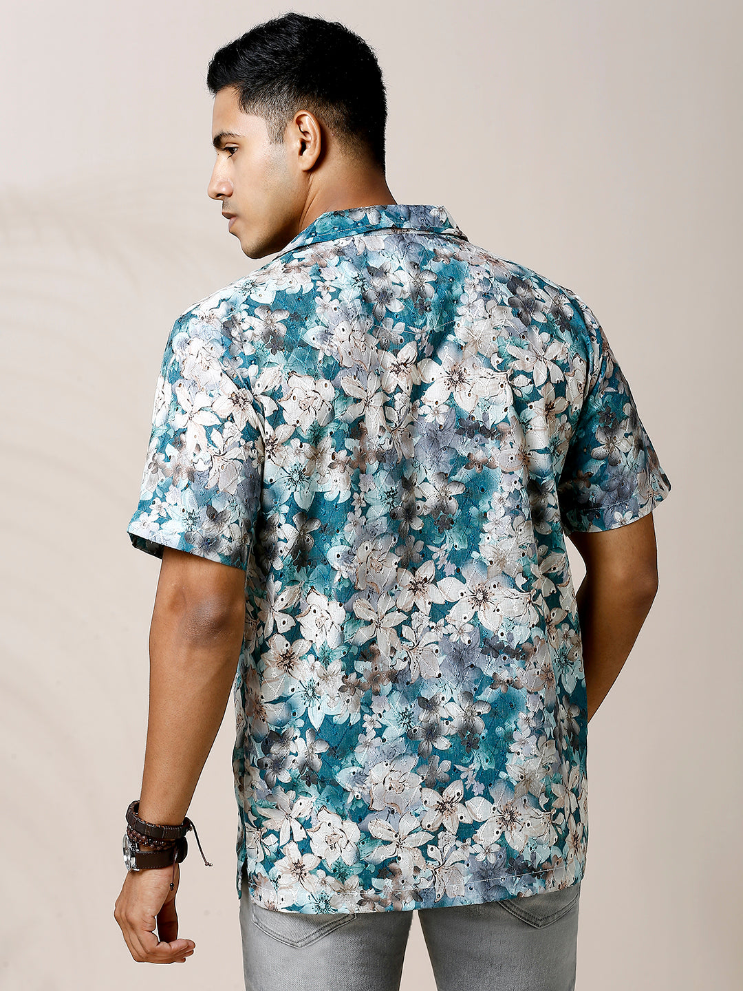 BLUE FLORAL PRINTED CASUAL CUBAN COLLAR SHIRT