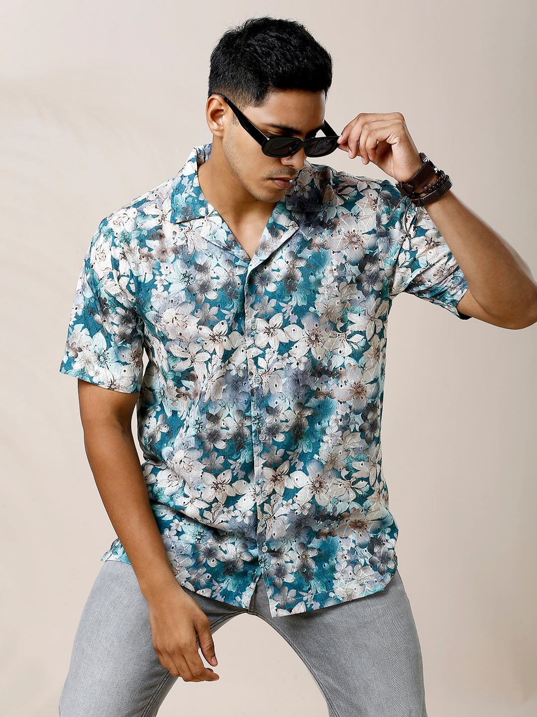 BLUE FLORAL PRINTED CASUAL CUBAN COLLAR SHIRT