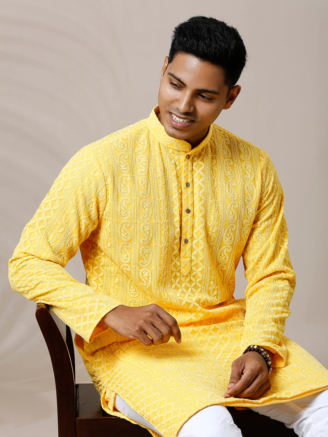 SUMMER YELLOW GEORGETTE PAISLEY DESIGN CHIKANKARI REGULAR FIT KURTA PYJAMA SET WITH LINING