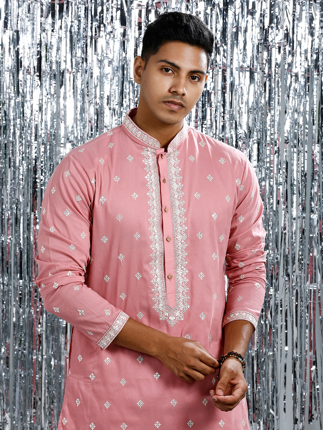 ORCHID PINK KURTA PYJAMA SET WITH INTRICATE EMBROIDERY AROUND NECKLINE